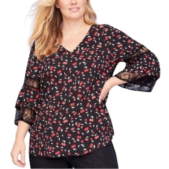 Lane Bryant Cherry print blouse tiered flare sleeves black lace size 22 / 24 red - Picture 1 of 6